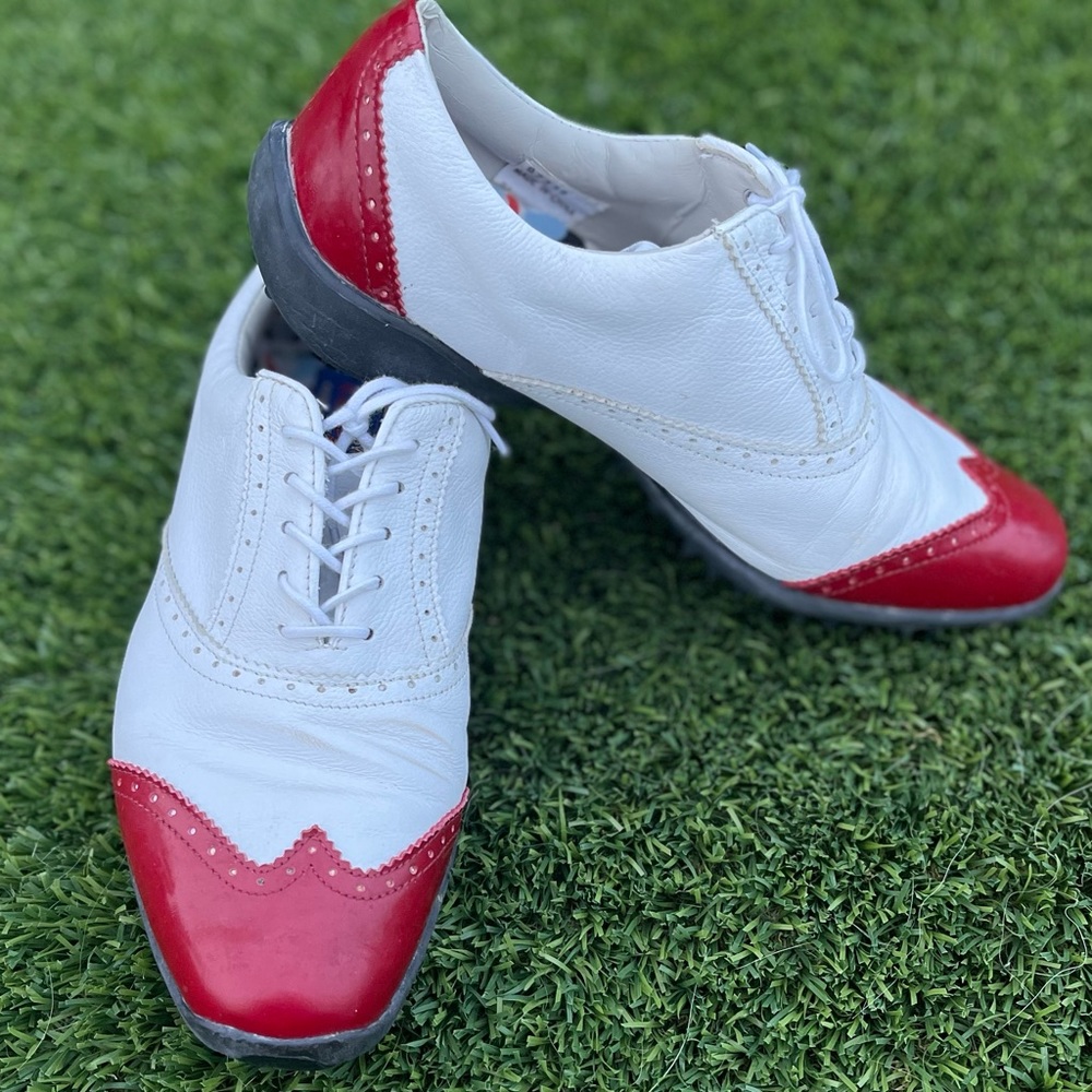 Cute red and white golf shoes